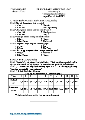 Đề khảo sát chất lượng đầu năm Địa lí lớp 8 - Năm học 2013-2014 - Phòng GD & ĐT Vĩnh Tường